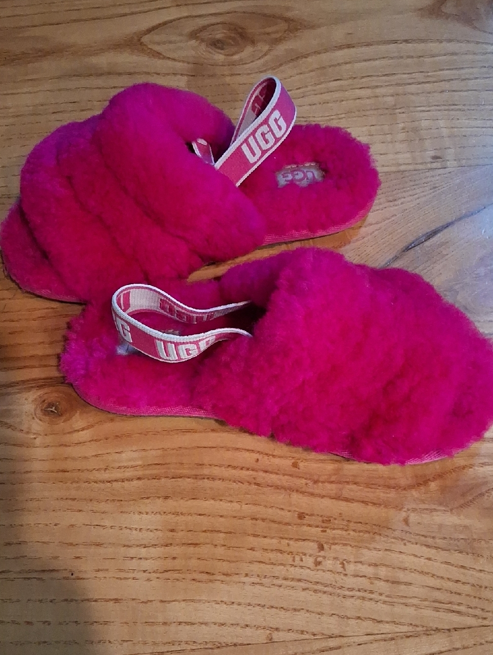 UGG Fuchsia Plush Slide Sandals with Branded Heel Strap